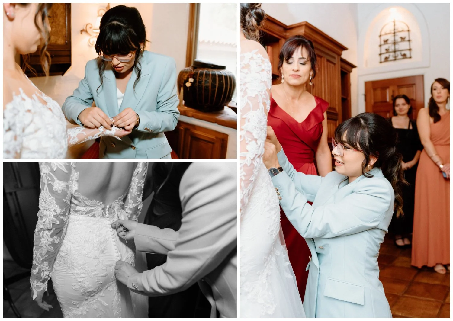 Bride's maid of honor helps her button up dress, natural and candid wedding photos in carlsbad, ca