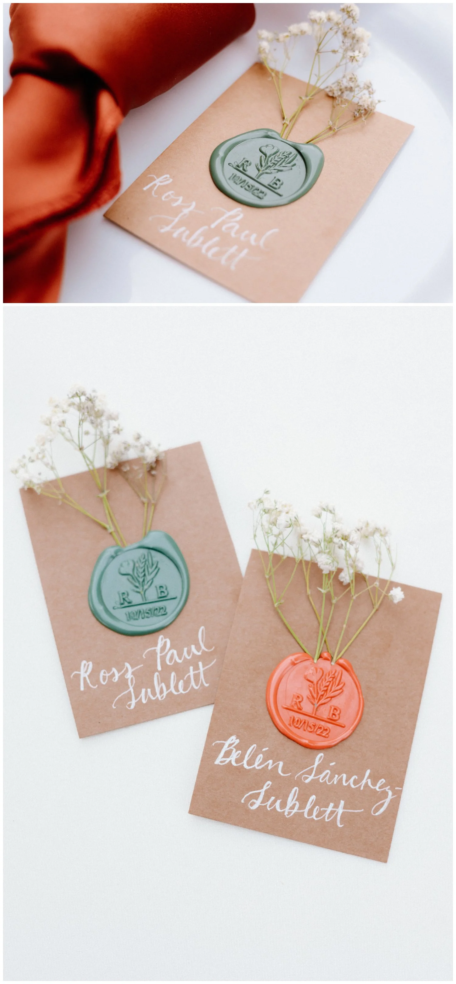 wax seal table name tag in teal and rust colors, boho vibes in san diego california