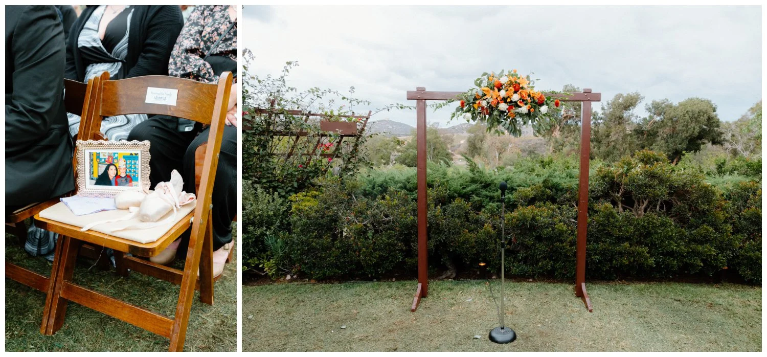 dedication chair for groom's mom and ceremony floral arch