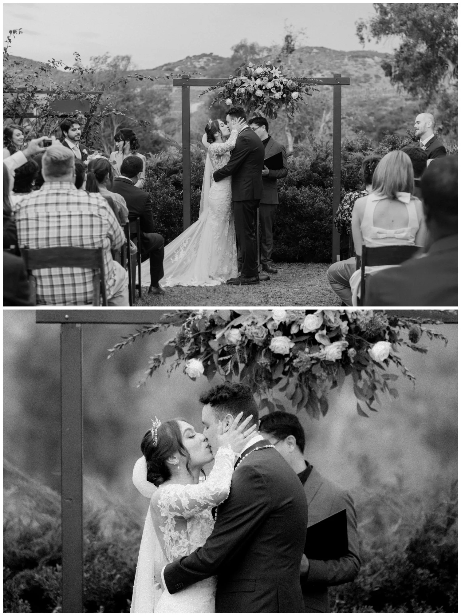 bride and groom first kiss at the old rancho estate, documentary wedding photography
