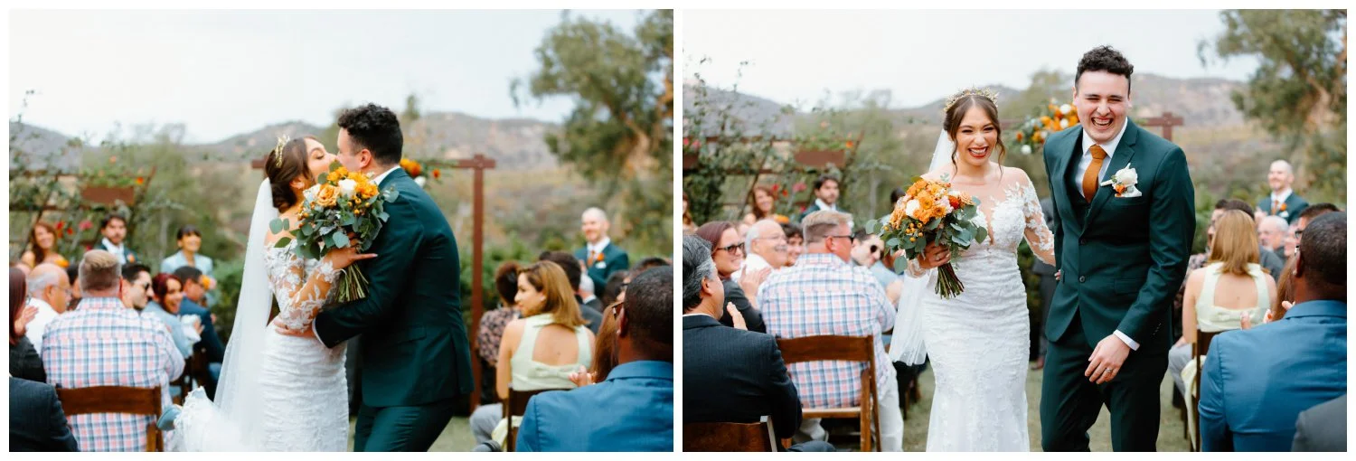 bride and groom kiss and laugh as they exit the aisle, documentary wedding photography by By Evening, Los Angeles and Destination wedding photographer