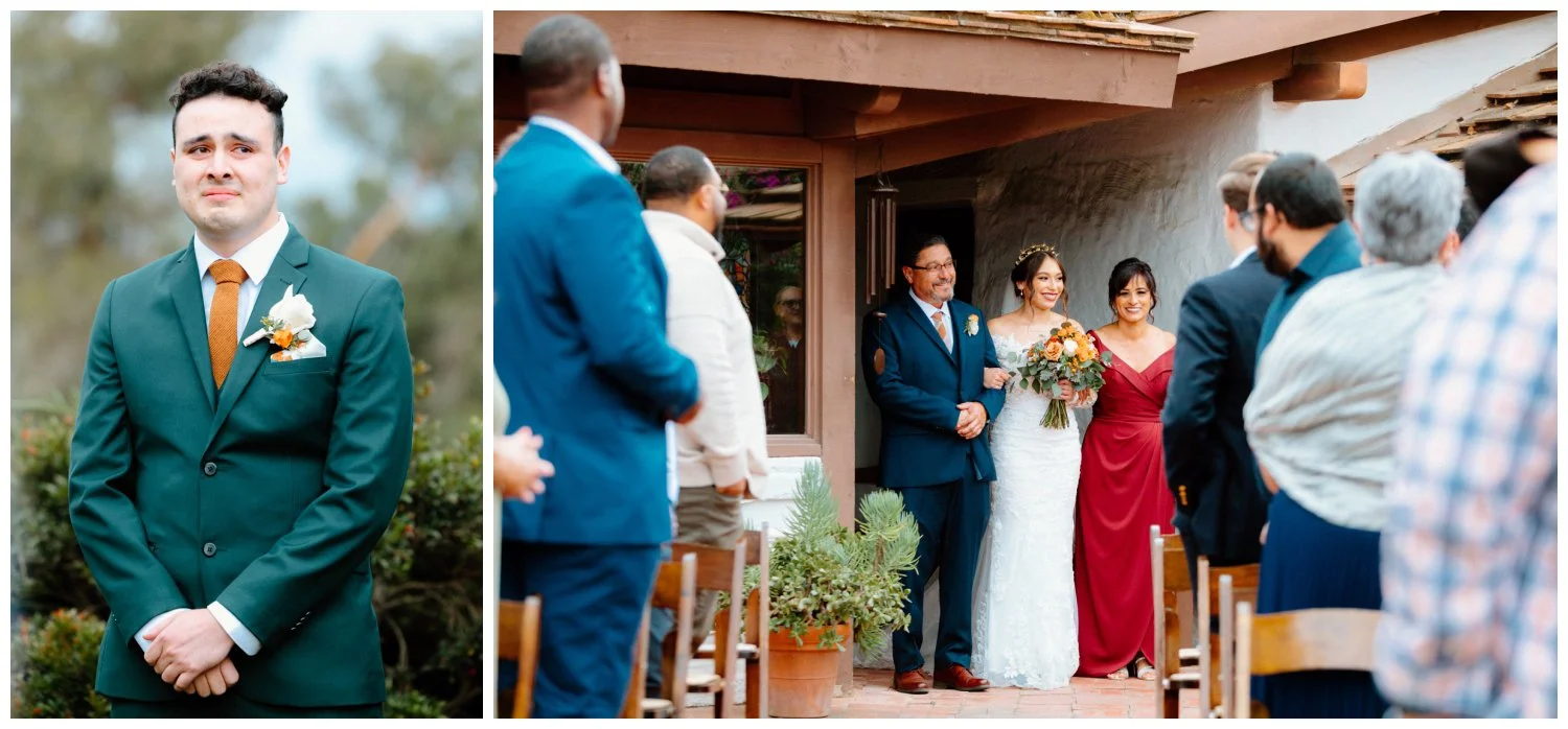 groom tears up as he sees bride for the first time, real moments captured with documentary wedding photography at the old rancho estate