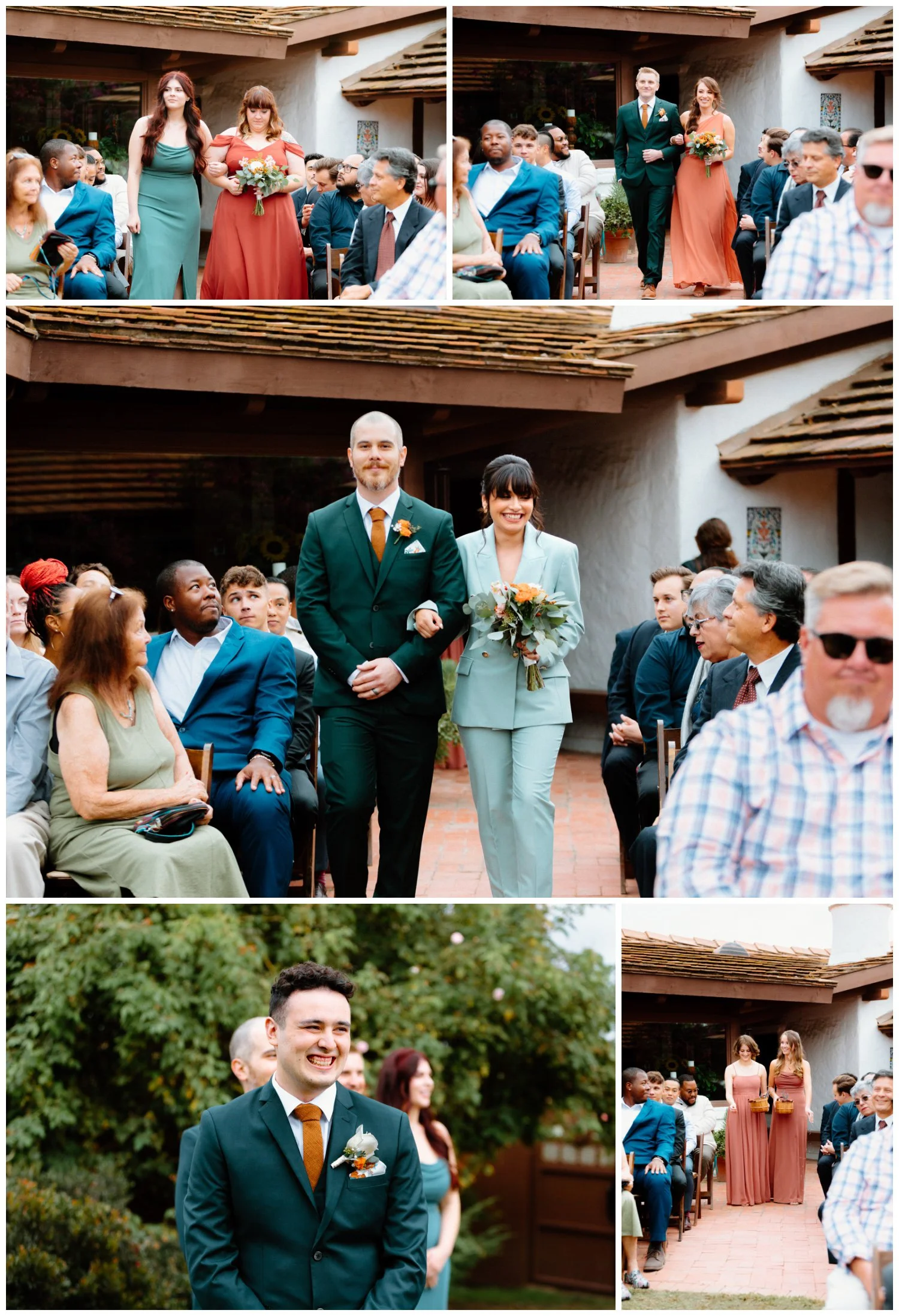 bridal party walks down the aisle, in rust orange, teal, and emerald colors at the old rancho estate in carlsbad, ca