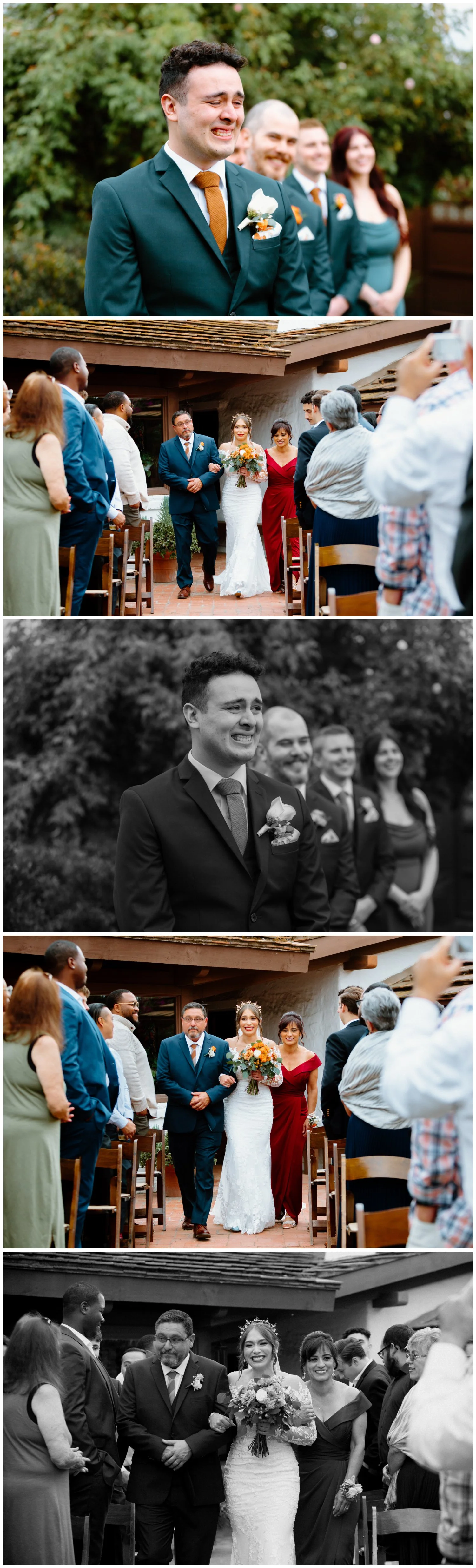 Bride and Groom ugly cry as they see each other for the first time down the aisle, documentary wedding photos at the old rancho estate, carlsbad california