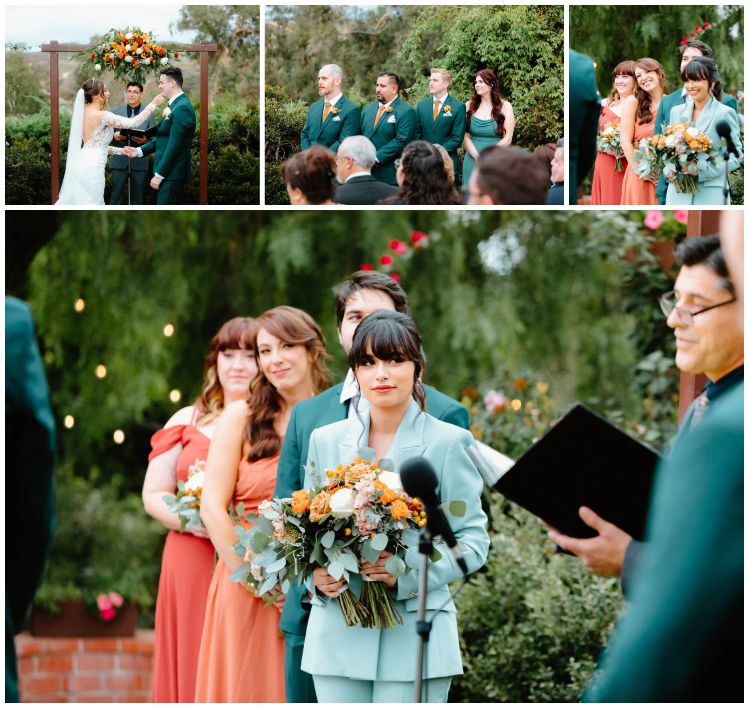 bride wipes away groom's tears, along with reaction photos of the wedding party