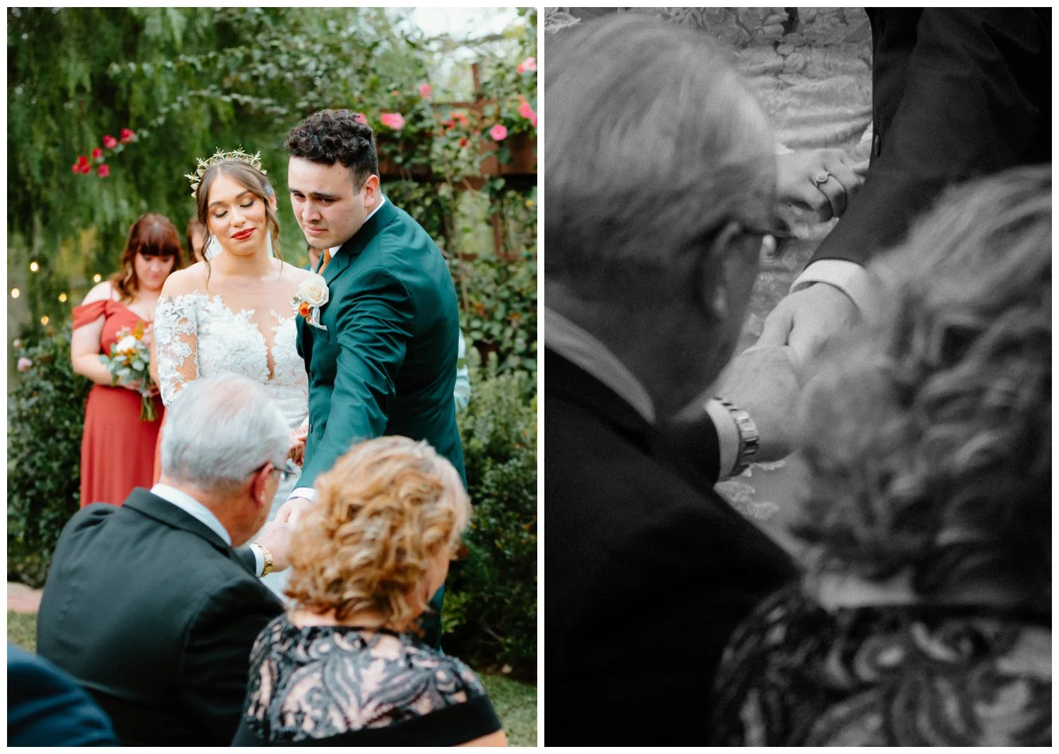 Groom reaches out to hold dad's hand as they pay homage to his late mother