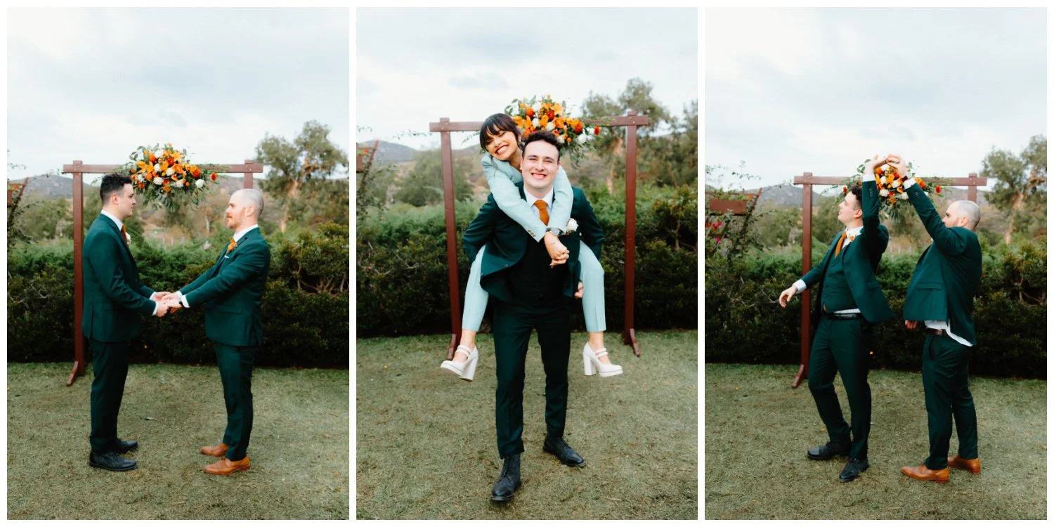Fun and goofy photos of Groom with best man and maid of honor by By Evening Photo and Films, candid and cinematic wedding photography for the playful in love