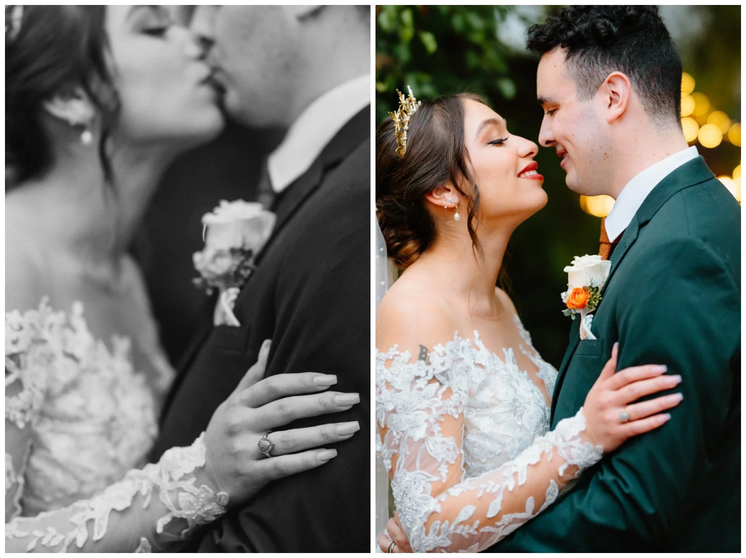 closeup ring photos while bride and groom kiss