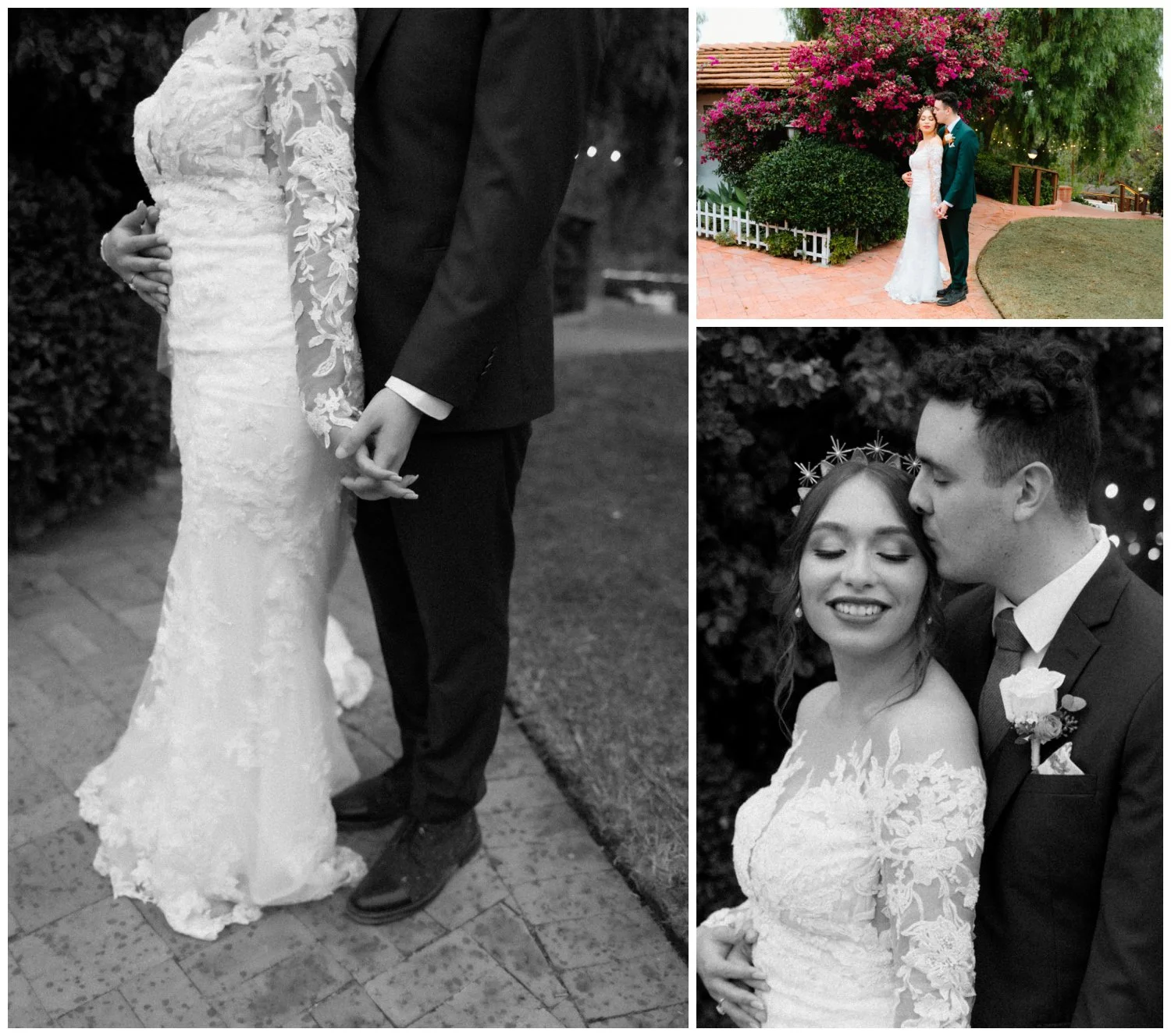 Hands touch, forehead kisses, romance movie wedding photos of bride and groom at the old rancho estate