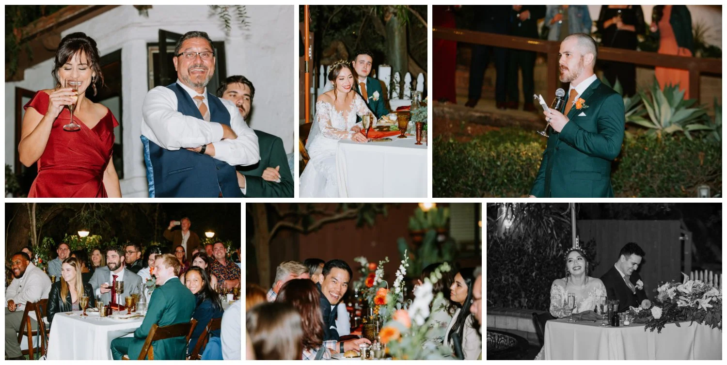 guests laugh at speeches at belen and ross's wedding at the old rancho estate carlsbad, california