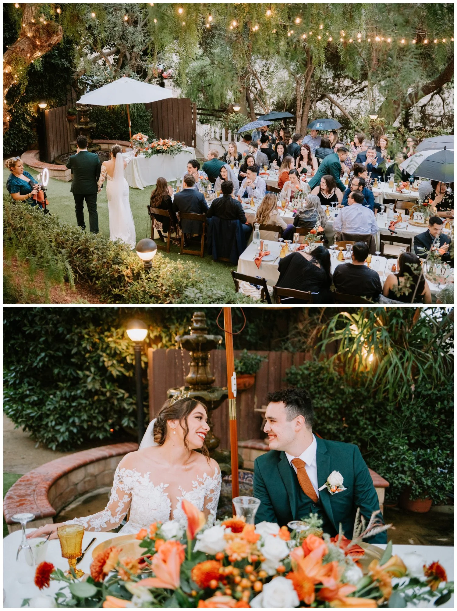 wide shot of reception and bride and groom at boho vintage sweetheart table