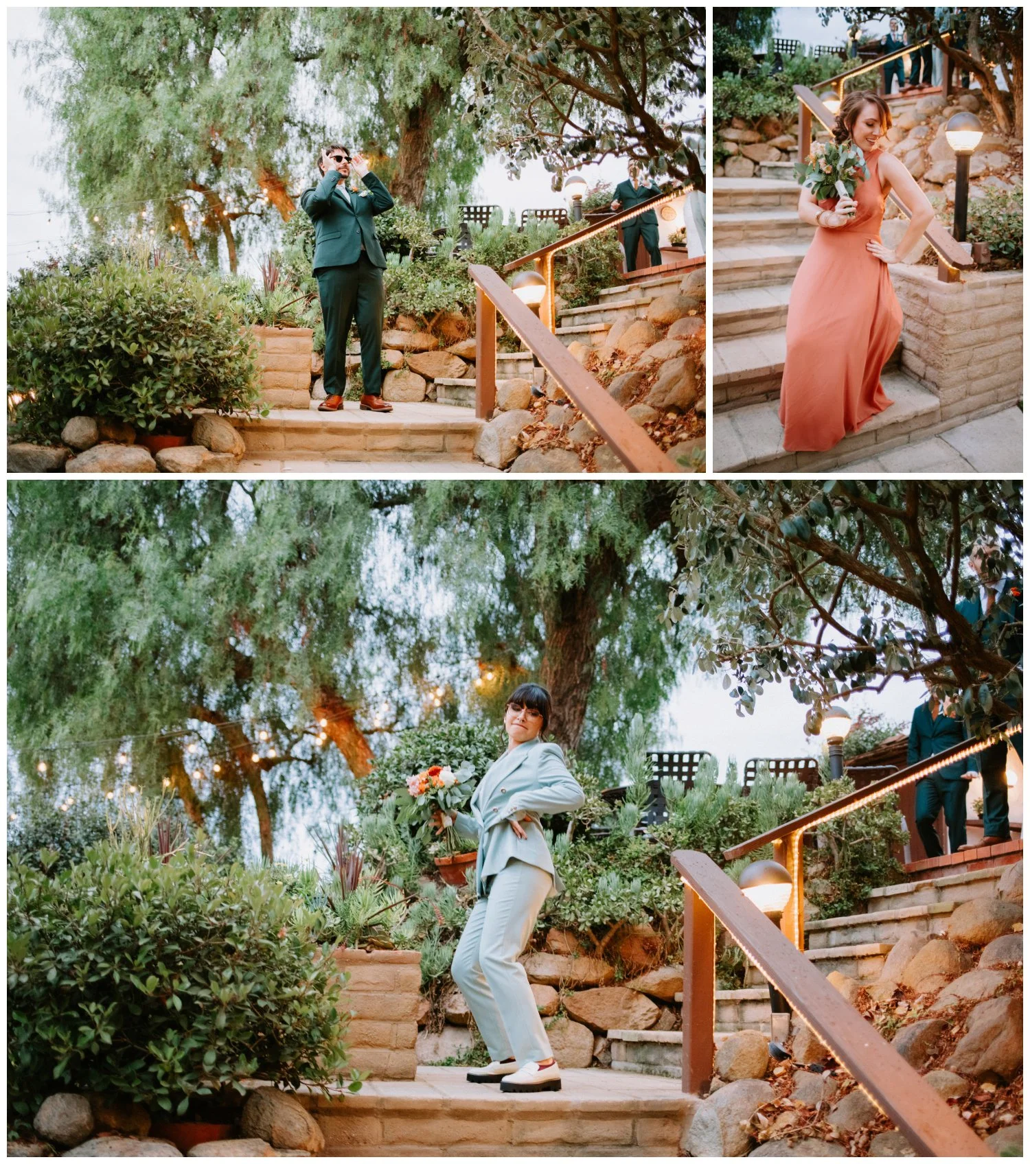 Playful  and fun wedding party entrance into reception, documentary wedding photos in The Old Rancho Estate Carlsbad, CA