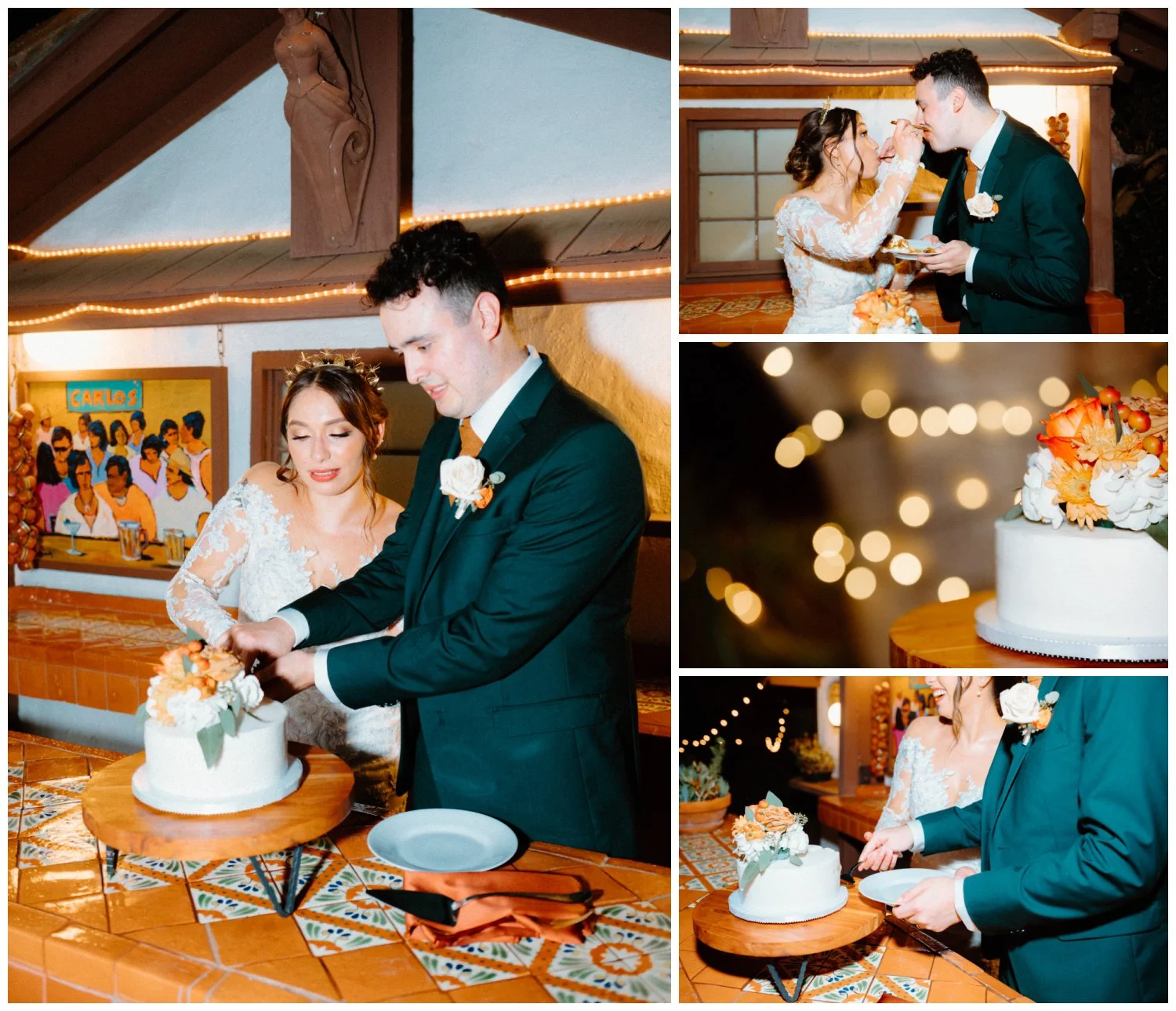 Belen and Ross cut their wedding cake, outdoor night time flash photography