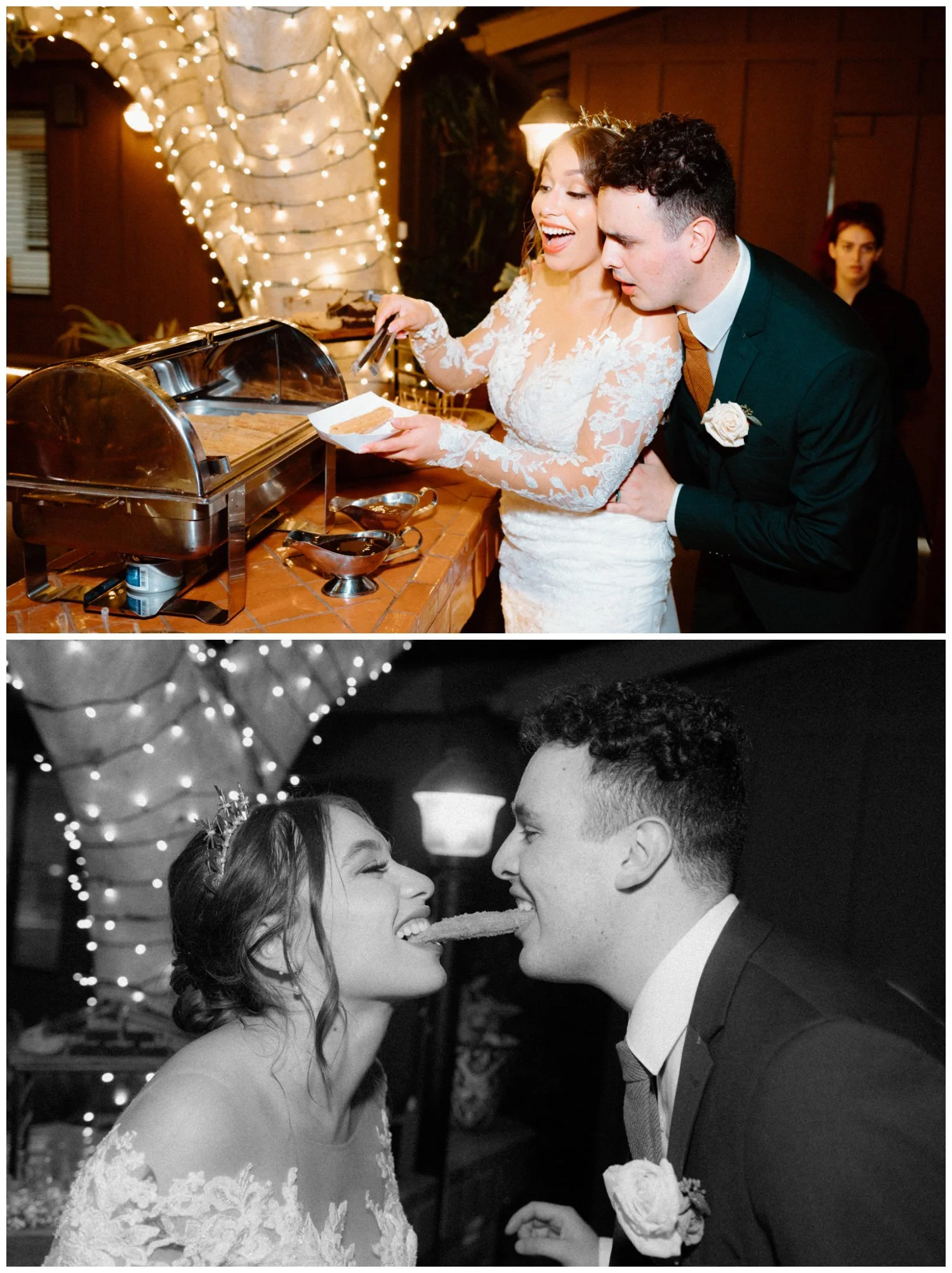 Belen and Ross sharing a churro together from the wedding churro bar at Old Rancho Estate Carlsbad California, candid wedding photography