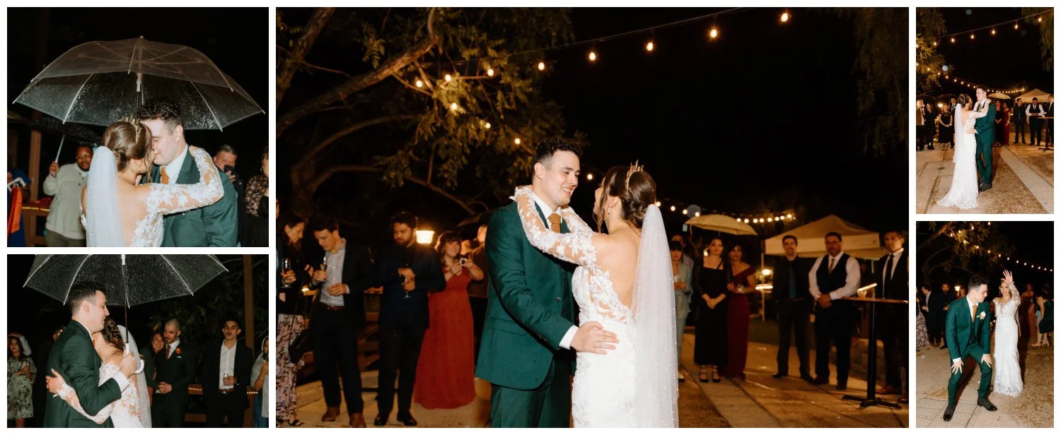 Bride and groom laughing and dancing in rain during outdoor wedding reception at Old Rancho Estate Carlsbad California