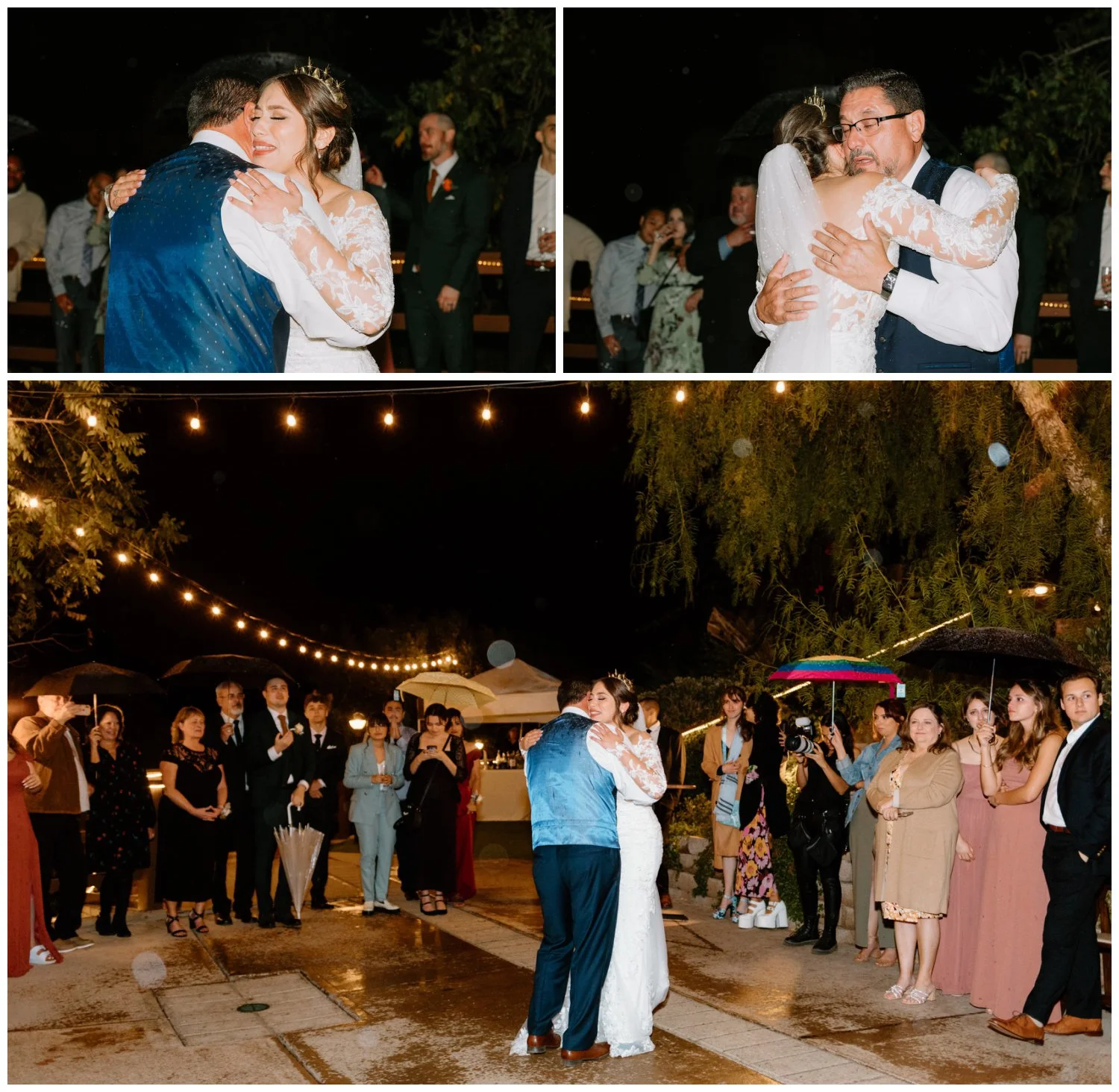 Bride and her dad cry during their father daughter dance, candid wedding photographer By Evening Photography, in Carlsbad, CAlifornia