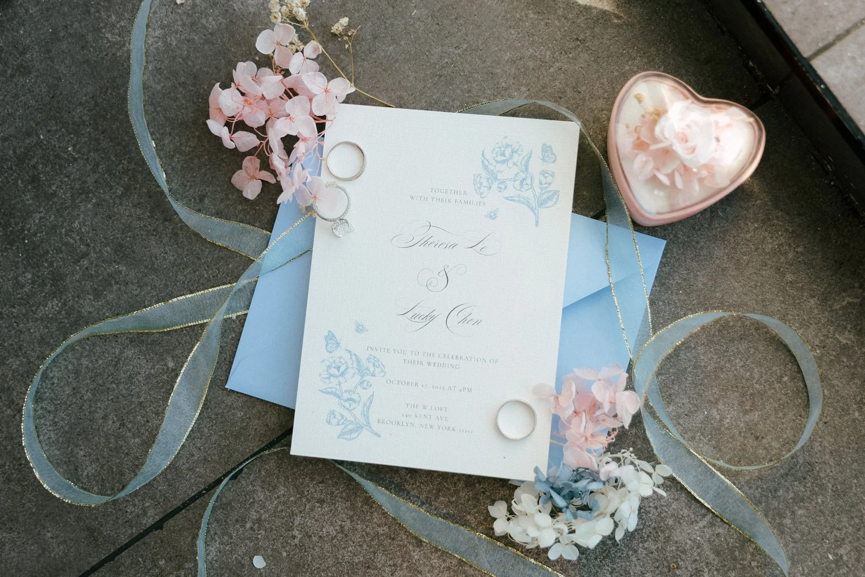 blue and pink flat lay by by evening photography, destination wedding photographer