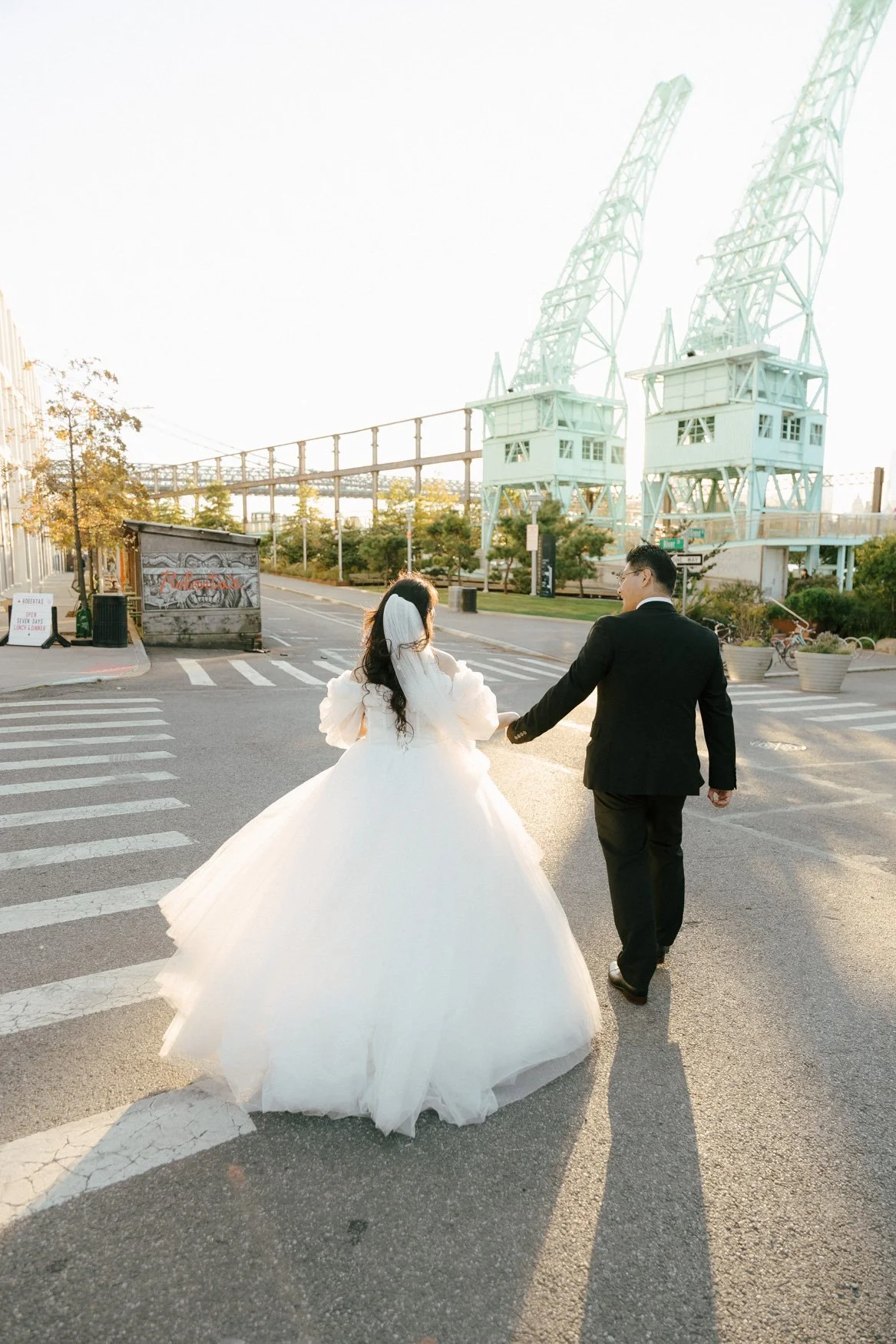 bride and groom sunset portraits in williamsburg, brooklyn, new york