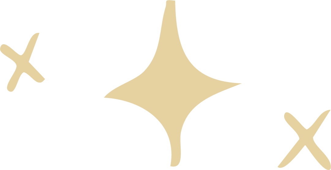 Decorative graphic with a large beige star shape in the center and two smaller beige x-shaped crosses on either side, against a black background.