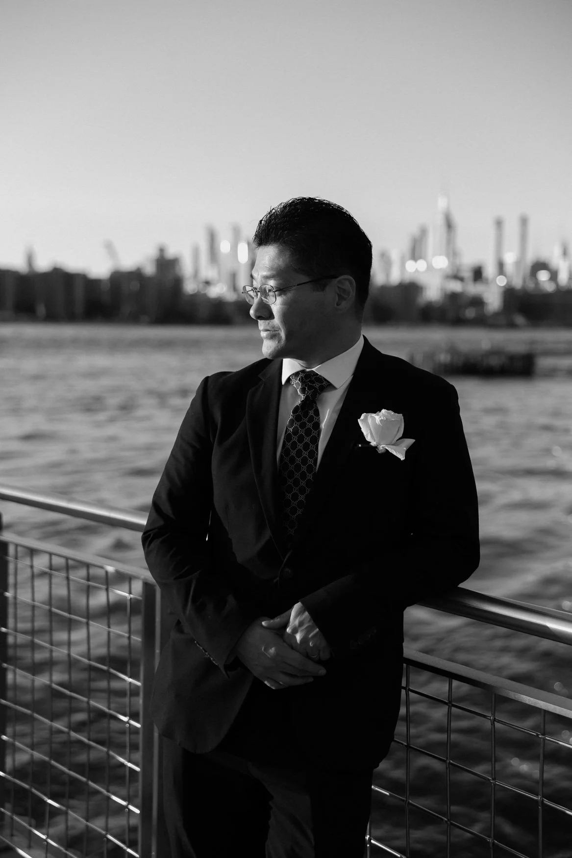 black and white cinematic groom solo in brooklyn, new york wedding