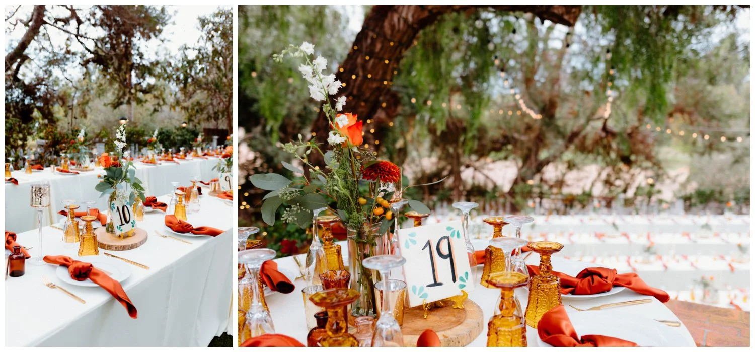 Boho Chic Rust Orange and green wedding reception details in the old rancho estate, carlsbad california