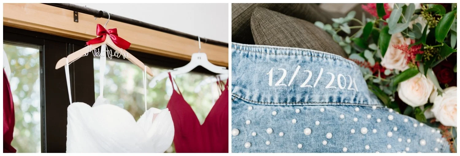 Bride Dress Hanger and Custom denim jacket with pearls and wedding date