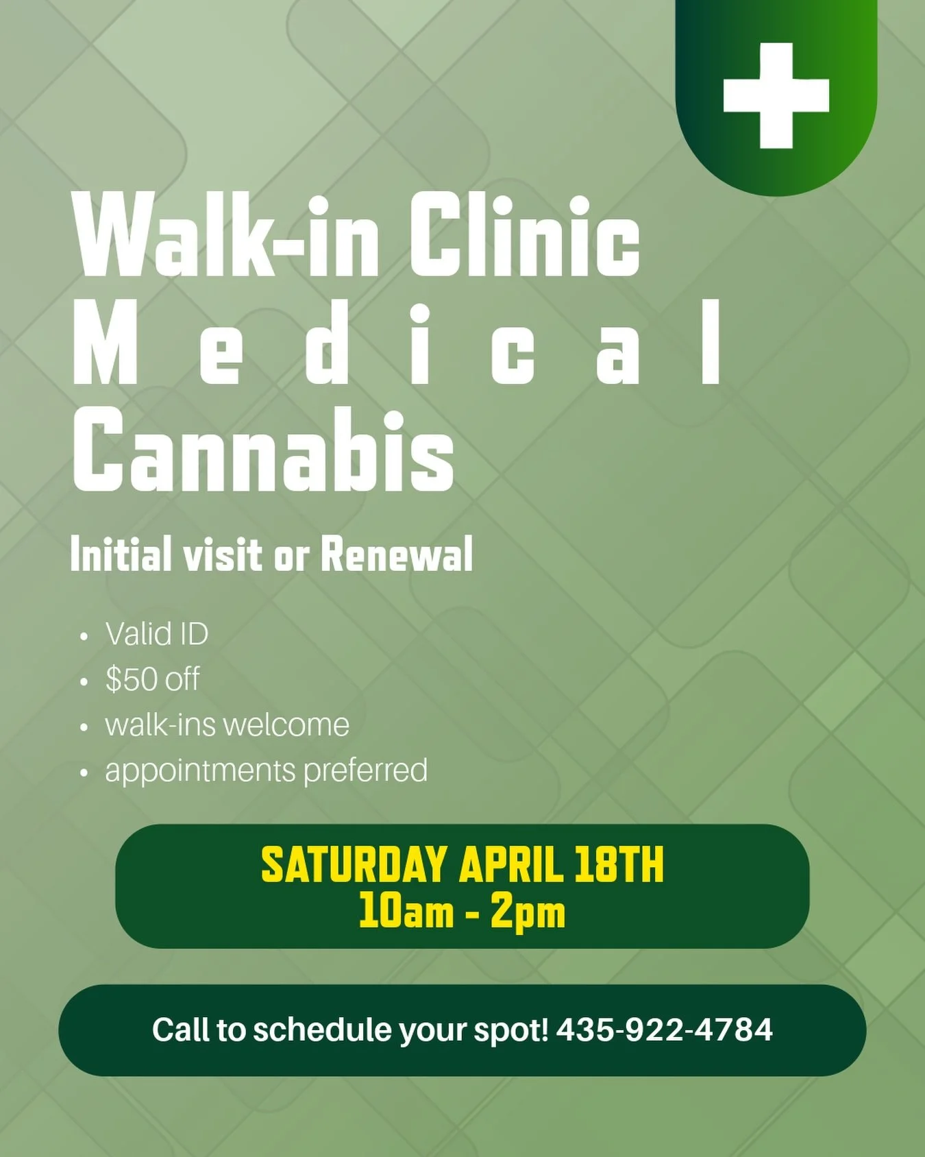 Need your medical cannabis card or a renewal? We&rsquo;ve got you covered this Saturday 🌿

Stacy Hepner will be at Cache Valley Birth Center on April 18th from 10AM&ndash;2PM offering:
&bull; Initial visits + renewals
&bull; $50 OFF &mdash; only $10