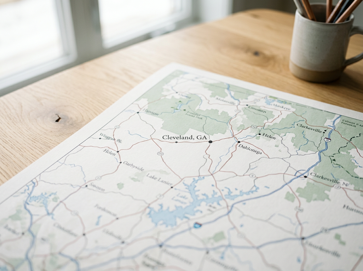 Map showing Cleveland, GA and surrounding areas with roads and lakes on a wooden table near a window, with a mug holding pencils in the background.