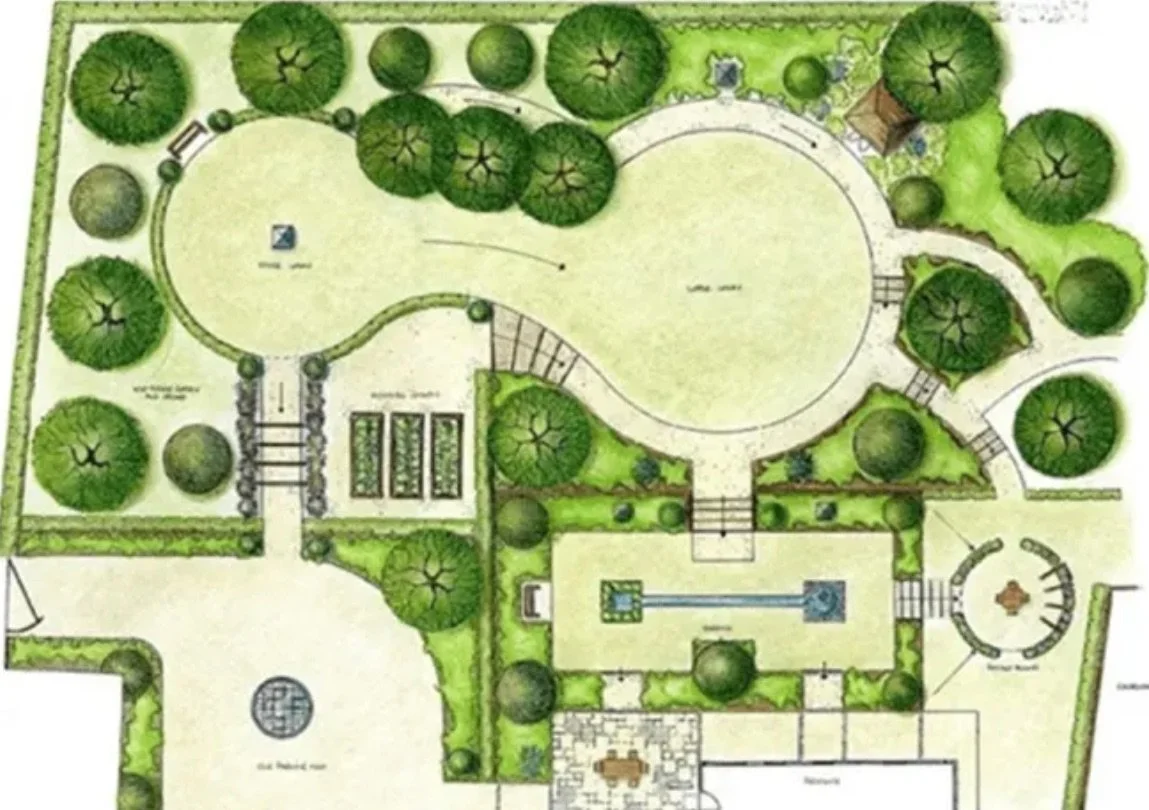 A landscape garden plan with pathways, trees, a pond, a fountain, garden beds, and various outdoor structures.