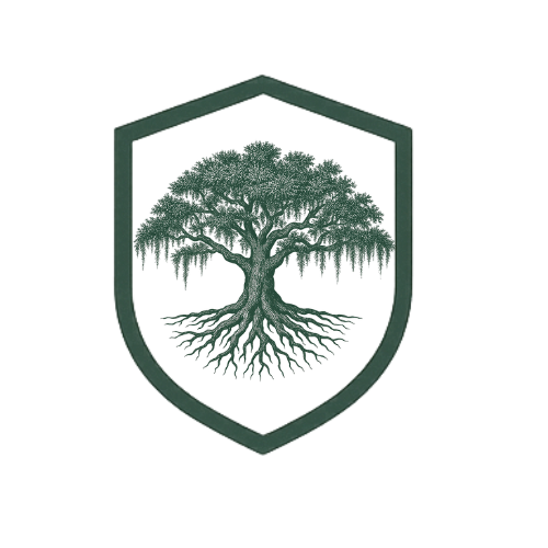 A shield emblem featuring a large tree with detailed roots and branches.