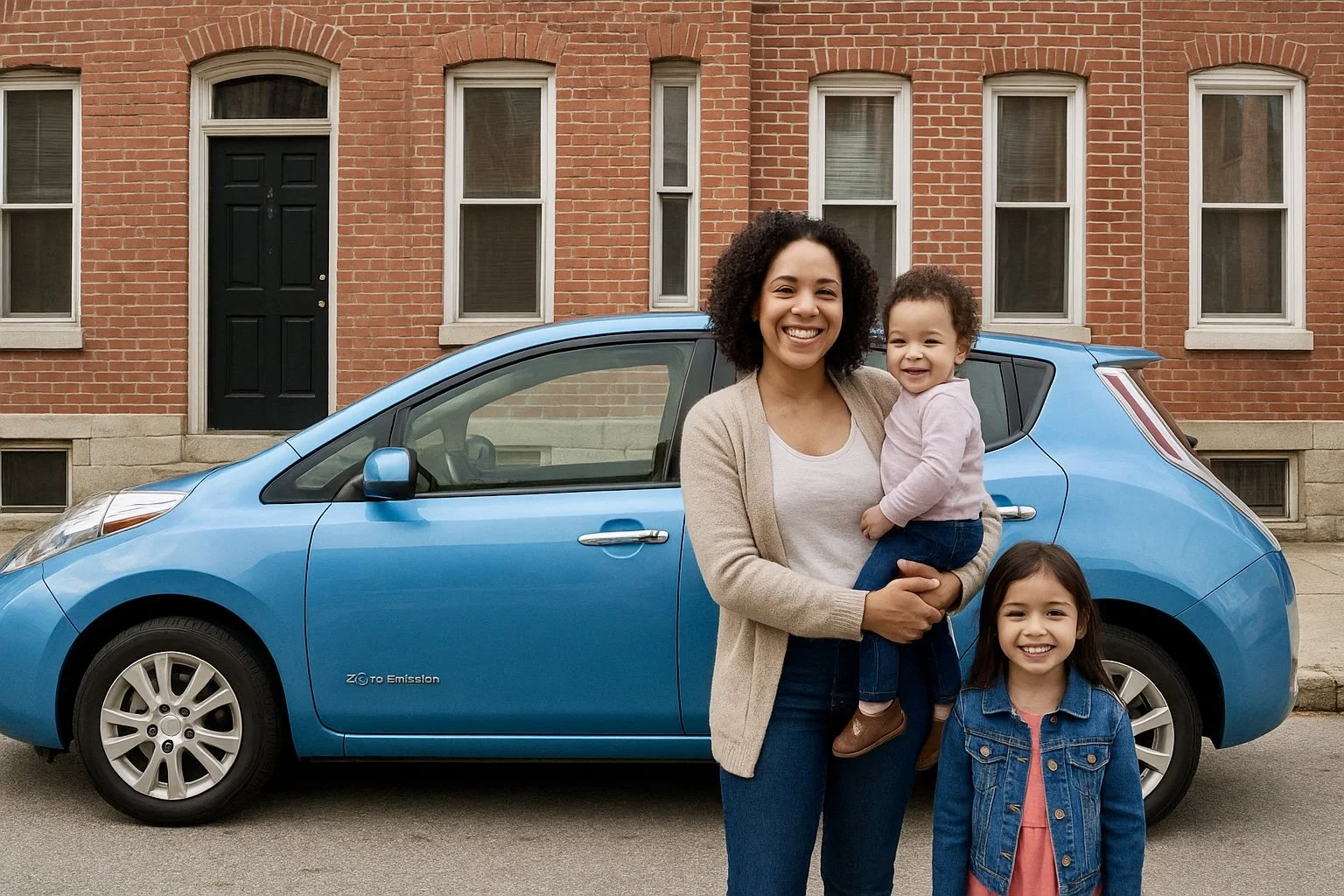 happy low-income family with an EV