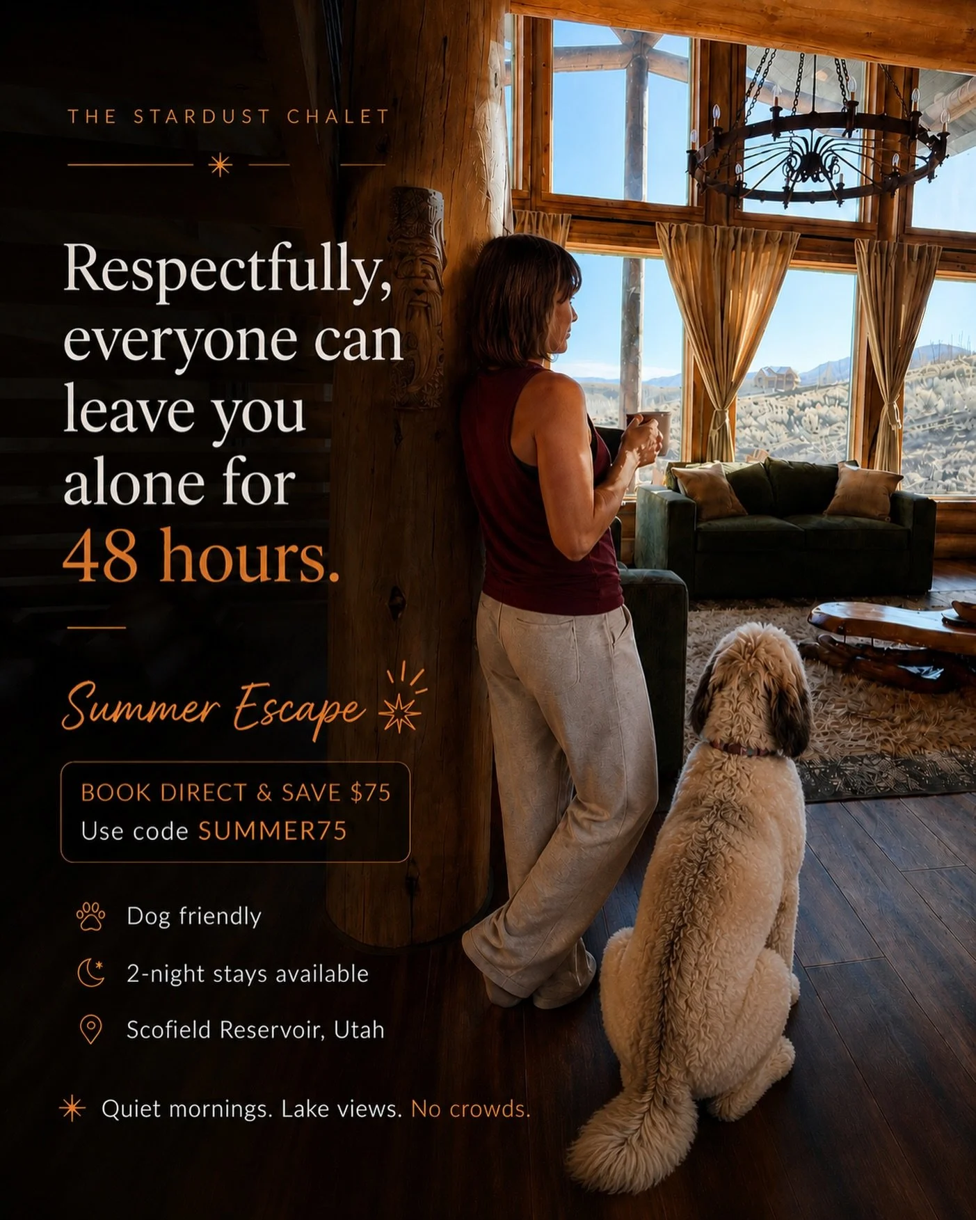 Respectfully, everyone can leave you alone for 48 hours.

If you&rsquo;ve been craving a quiet reset, this is your sign.

Book direct and save $75 during June with code SUMMER75.

✨ Lake views
✨ Quiet mornings
✨ Dog-friendly adventures
✨ 2-night stay