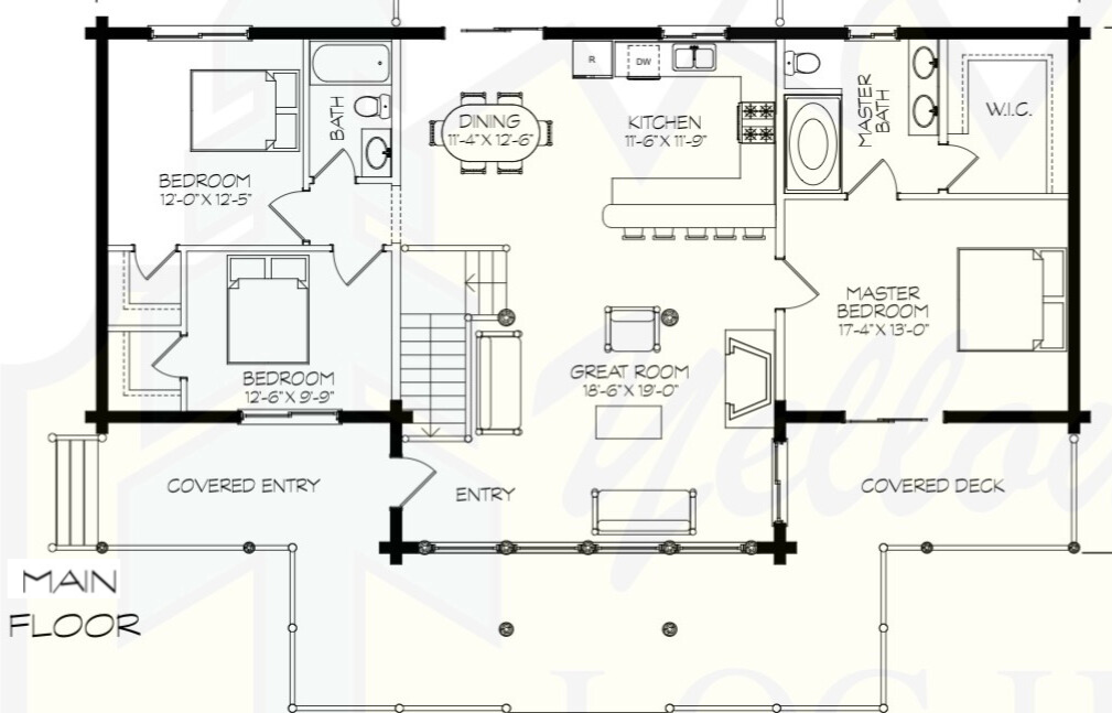 A detailed floor plan of a house with labeled rooms including two bedrooms, two bathrooms, a kitchen, a dining area, a great room, a master bedroom with a walk-in closet, and outdoor covered decks and entry.