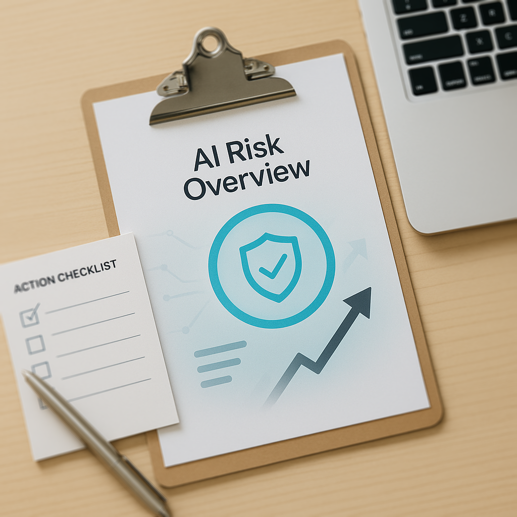 A clipboard with a paper titled 'AI Risk Overview,' a tablet, a pen, and a checklist on a wooden desk.