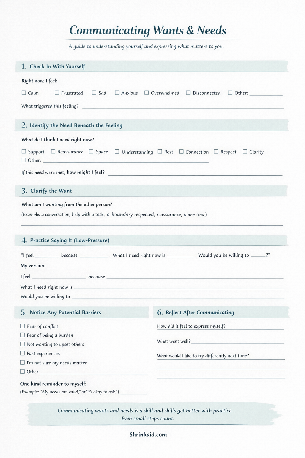 Communicating Wants &amp; Needs Worksheet