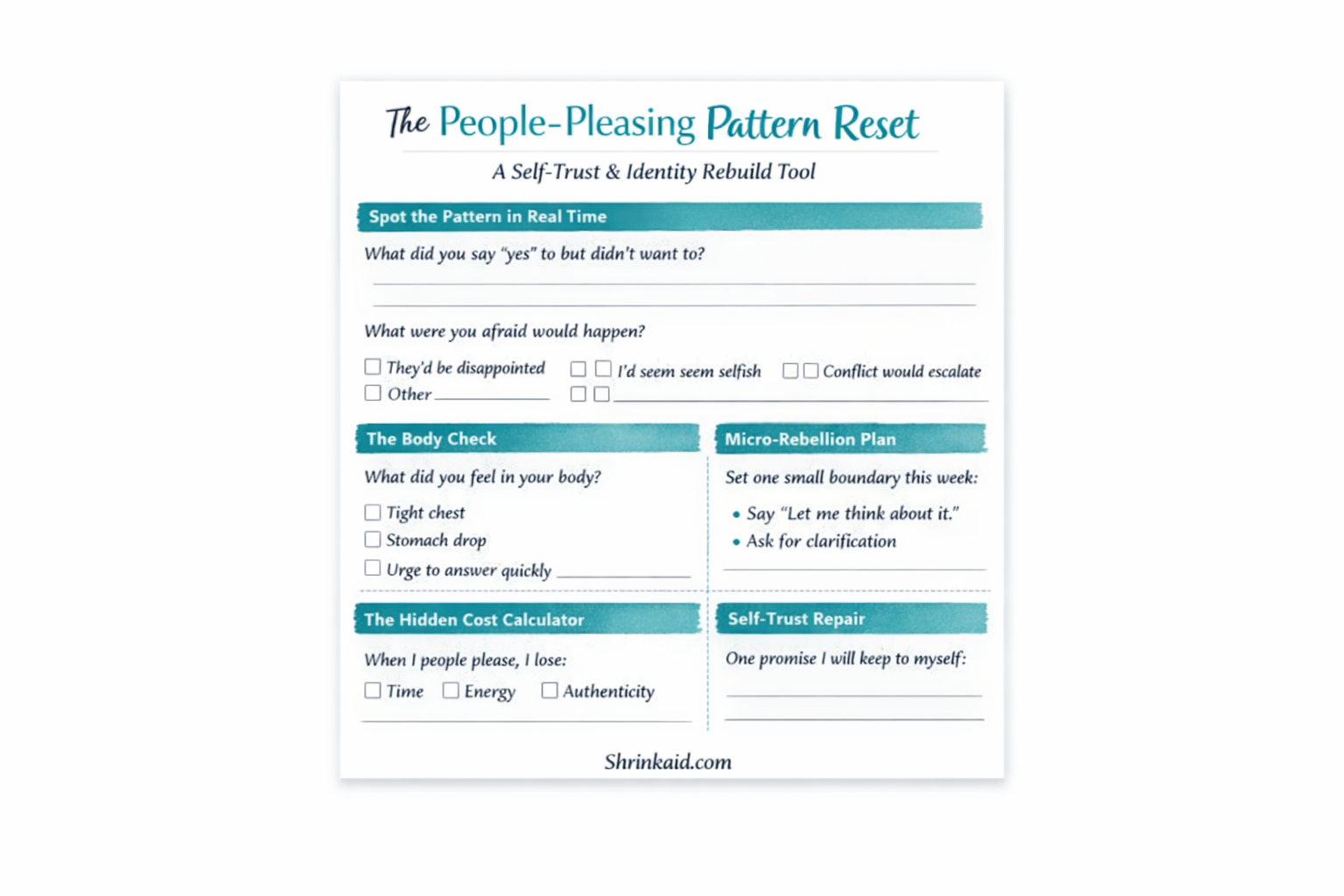 People Pleasing Worksheet: Break the Pattern &amp; Build Self-Trust