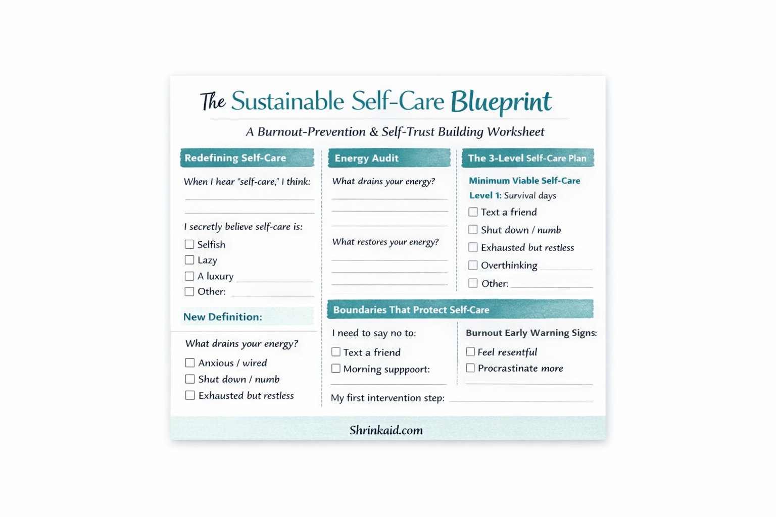 Self-Care Plan Worksheet: Prevent Burnout &amp; Rebuild Energy