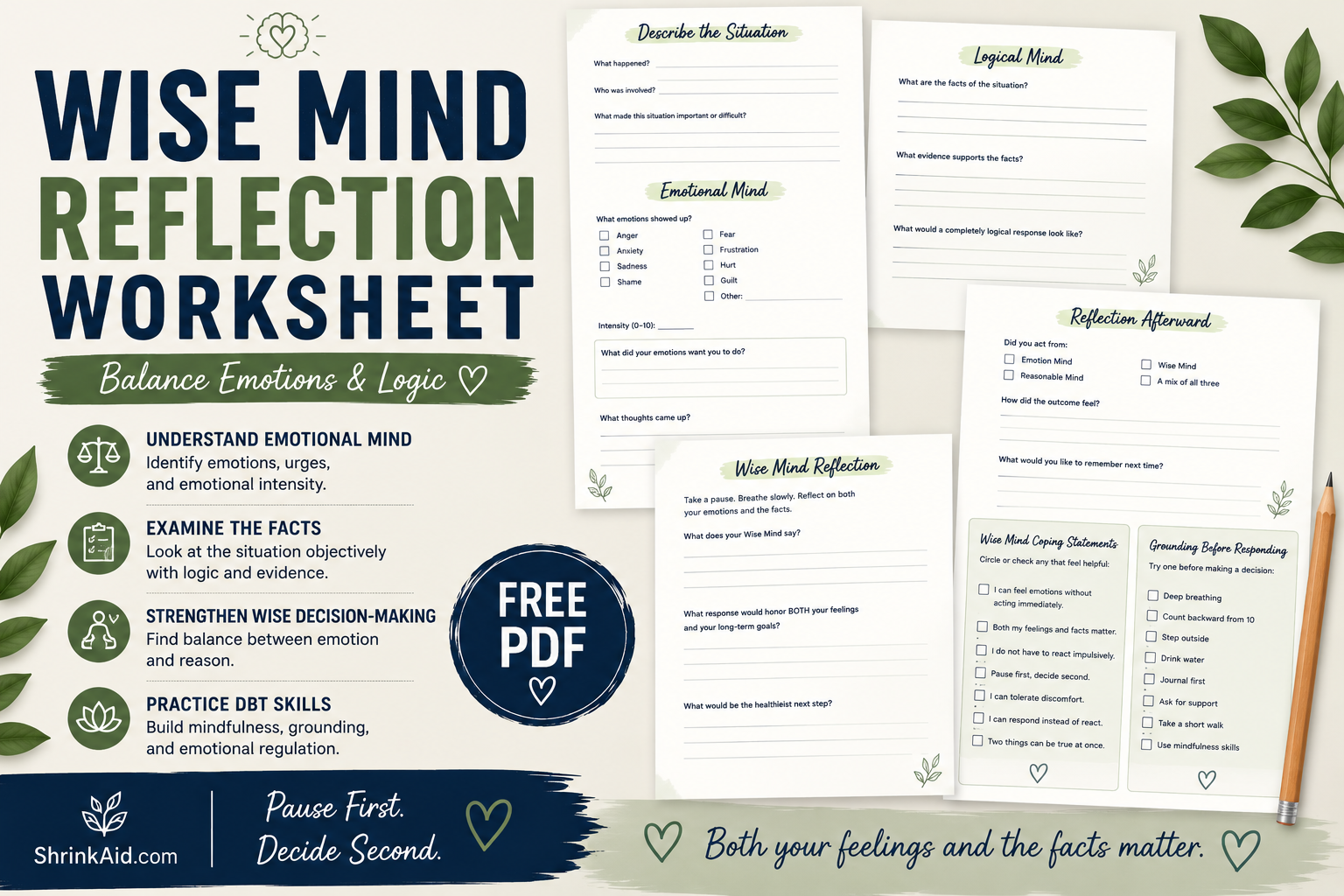 Wise Mind Reflection Worksheet - DBT Decision-Making &amp; Emotional Regulation Tool