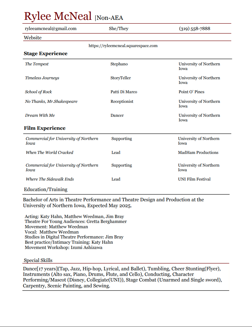 A professional resume for Rylee McNeal including contact information, stage and film experience, education, and special skills.