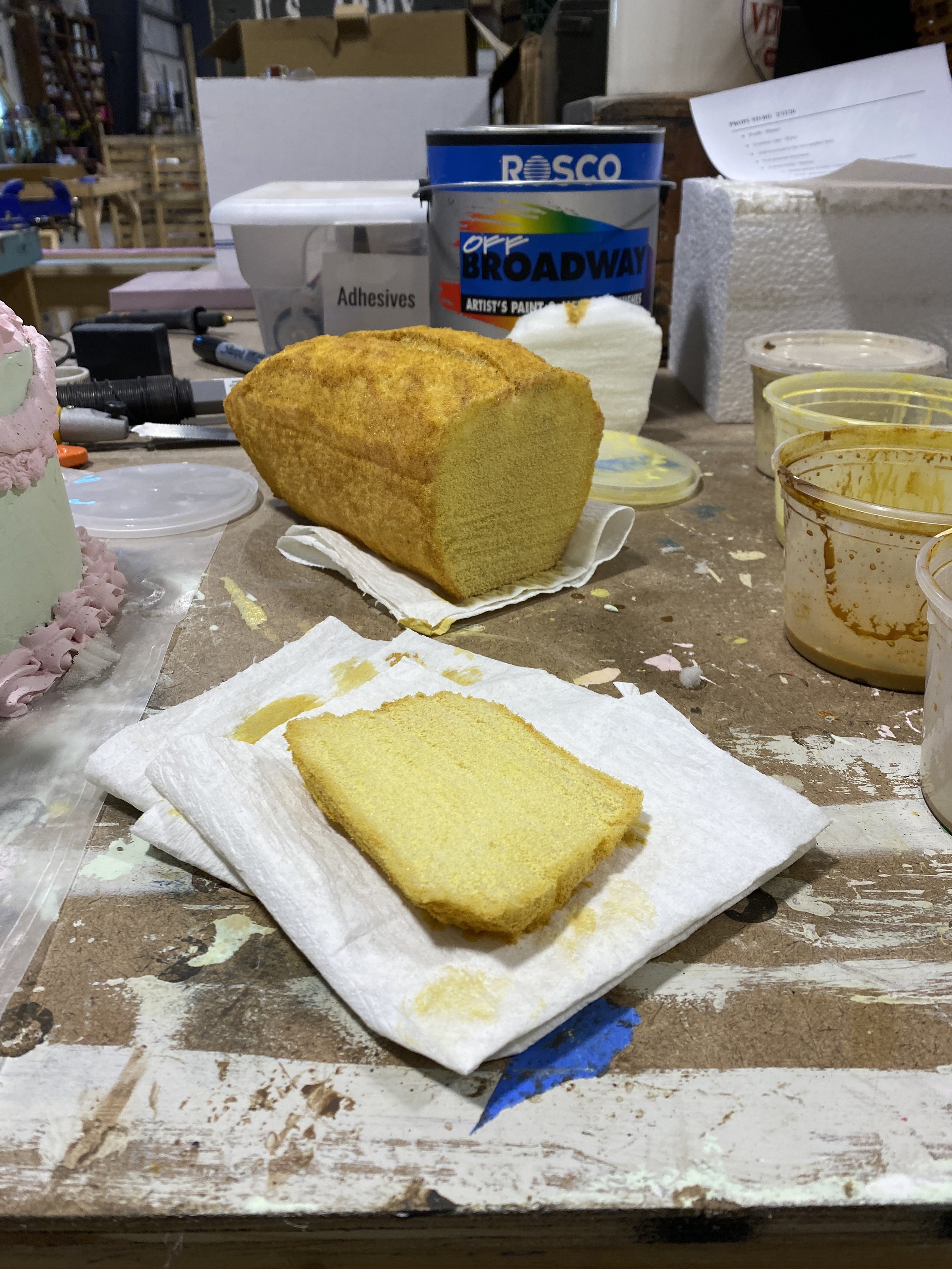 Completed loaf featuring one of the slices that must be 'cut off' for every show