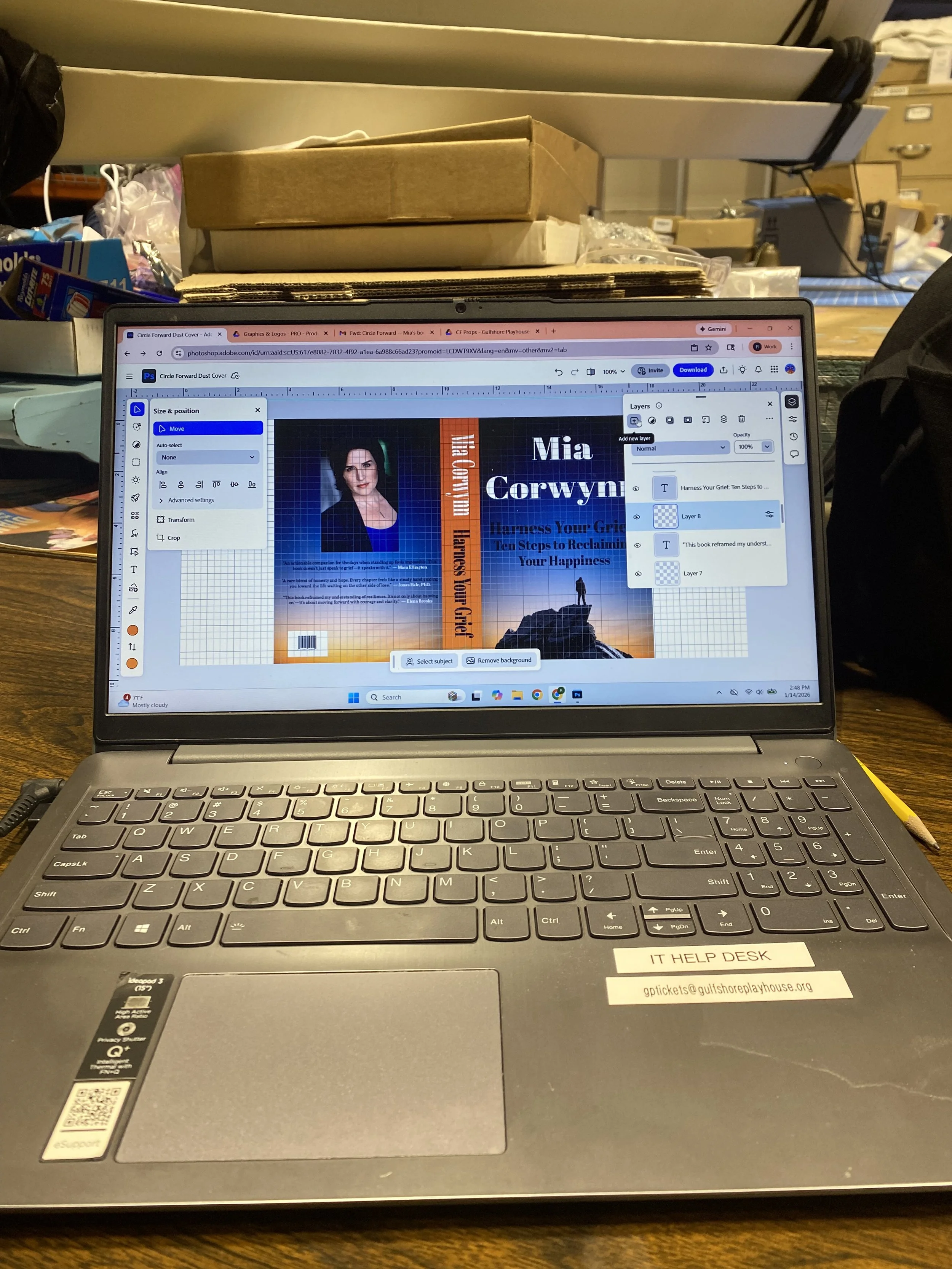 Using Adobe Photoshop to create a book dust cover for the premier of a play called Circle Forward