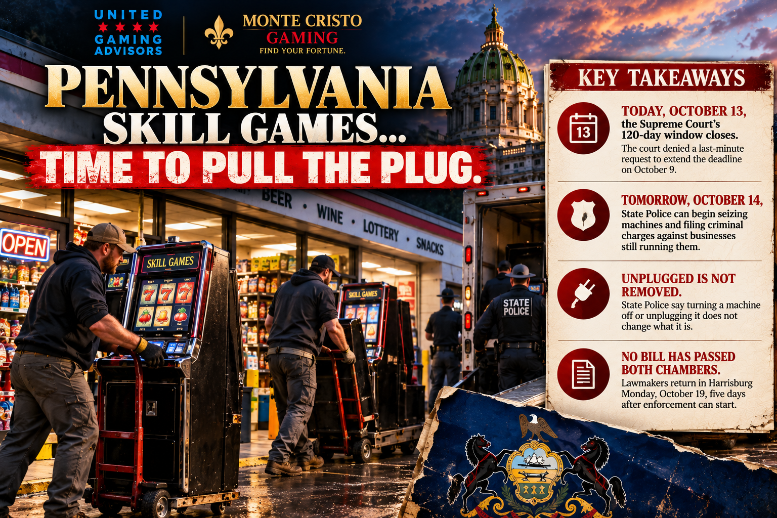 Pennsylvania skill games key takeaways: movers remove machines from a convenience store as State Police watch, October 13 cutoff and October 14 enforcement