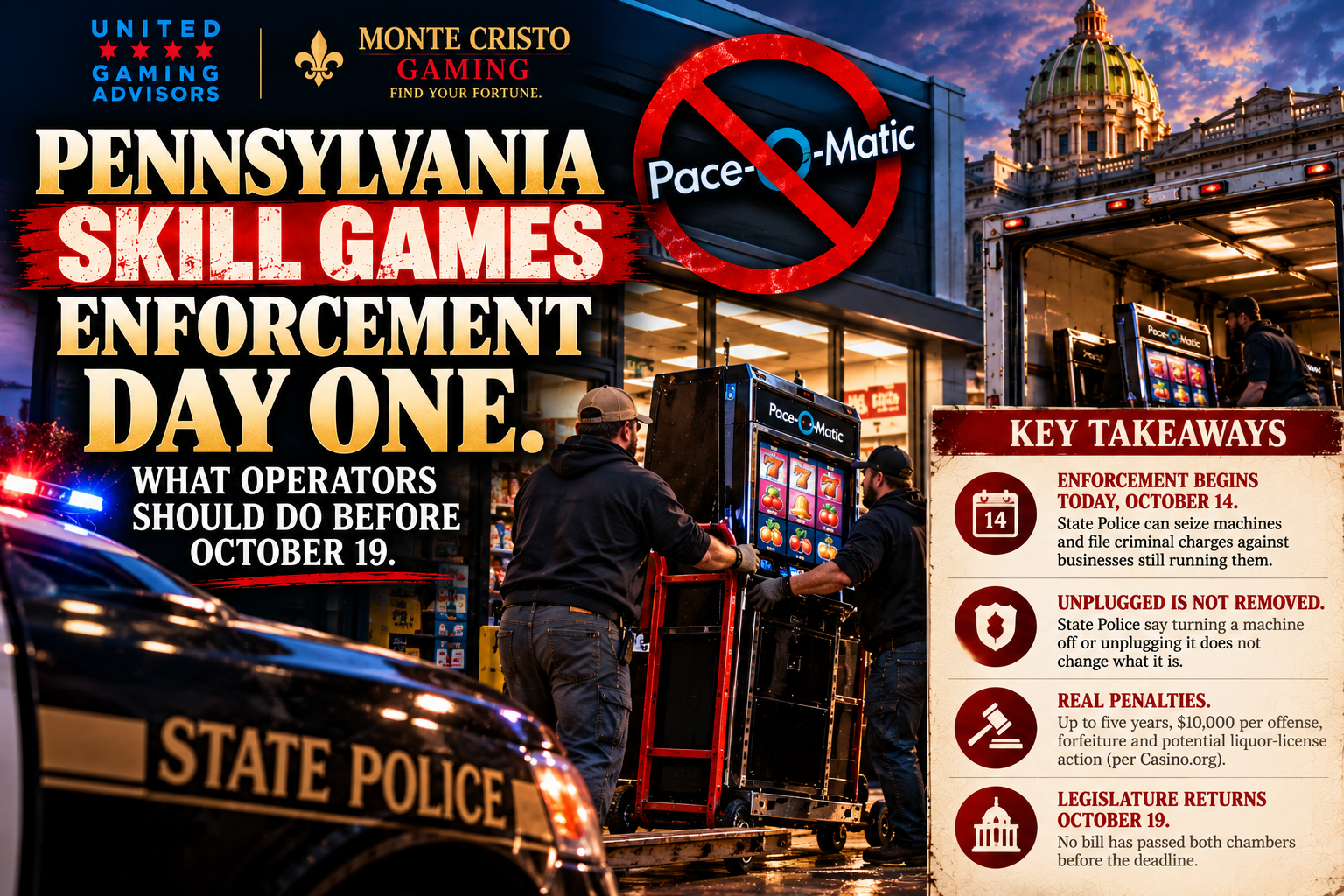 Infographic: Pennsylvania skill games enforcement day one, with key takeaways on the October 14 start, unplugged machines, penalties, and the October 19 return of the legislature