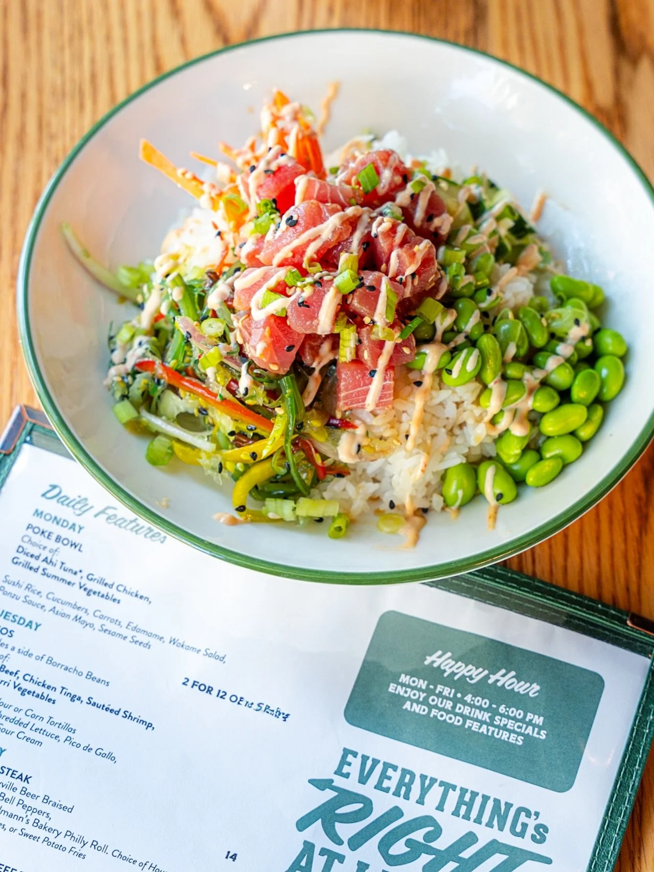 Fuel up with our Monday Feature before Monday Night Football! 🏈 Our Poke Bowl with your choice of Diced Ahi Tuna, Grilled Chicken or Summer Vegetables on top of Sushi Rice, Cucumbers, Carrots, Edamame, Wakame Salad, Ponzu Sauce, Asian Mayo &amp; Ses
