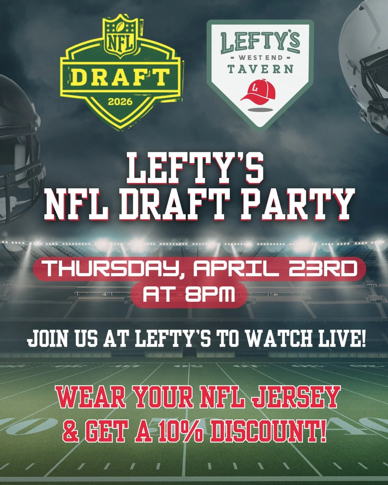 The pick is in, Lefty&rsquo;s is the place to be for Draft Night! 🏈⚡ Join us for our first ever NFL Draft Watch Party on April 23rd! Throw on your NFL jersey and get 10% off your tab 🍻 we&rsquo;ve got featured Chicago Dogs 🌭 on deck &amp; the draf