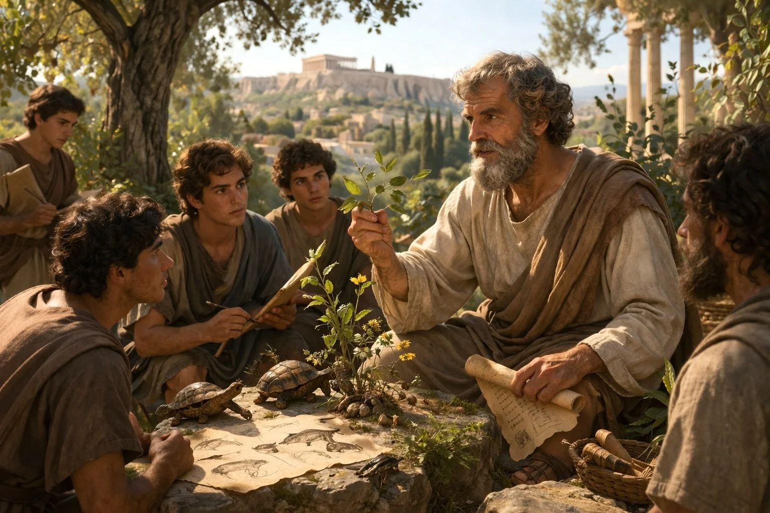 Aristotle talking with a group of young men