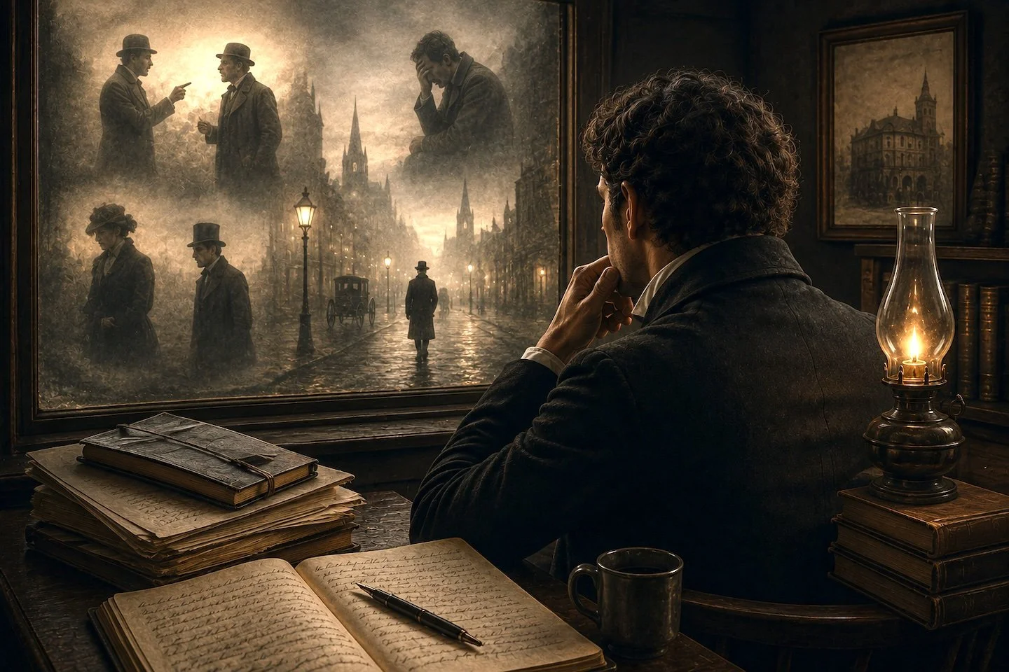 A man reflecting on scenes of human behaviour, illustrating an essay about motive, self-deception and character.