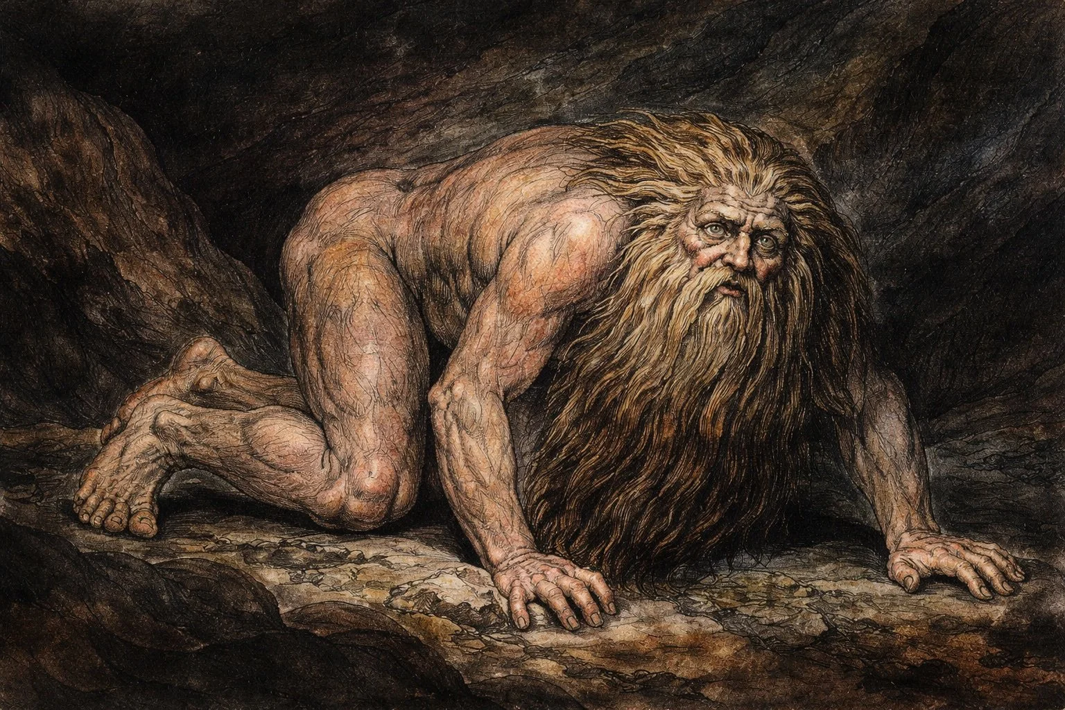 Nebuchadnezzar was a king of ancient Babylon, whose story is told in the Book of Daniel. In that account, pride gives way to collapse. He loses not only his kingdom, but his sense of himself, and lives like an animal until his reason returns.