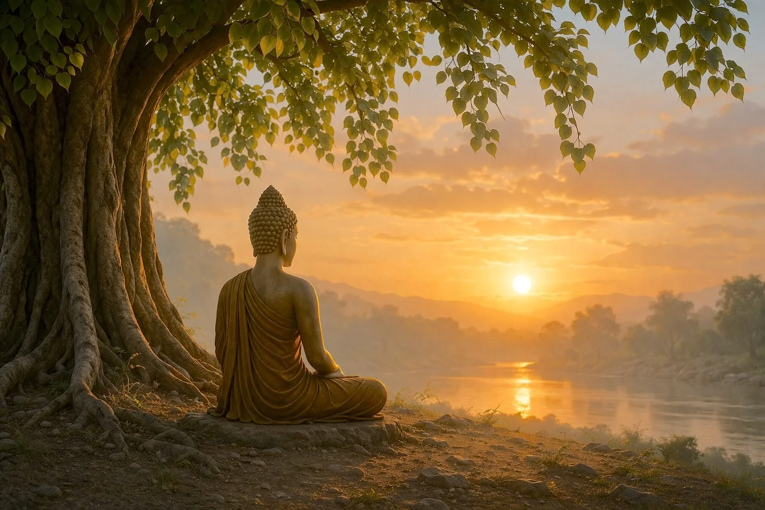 An image of the Buddah sitting beneath a tree looking at the setting sun