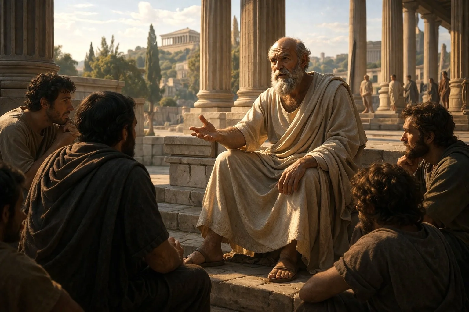 Socrates talking with a group of students